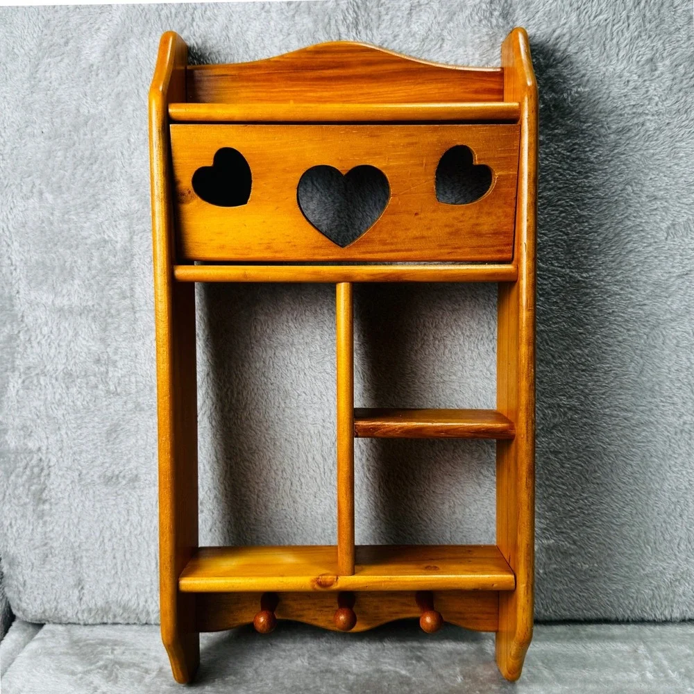 Vintage 80s Wood Wall Shelf Heart Cutout Curio Display 3 Pegs Cottagecore